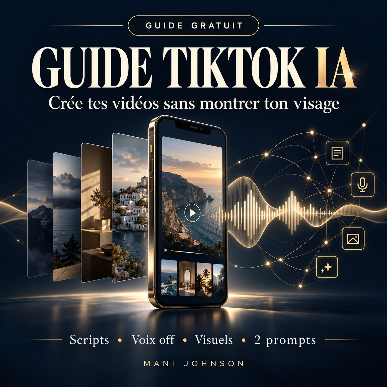 Couverture du Guide TikTok IA de Mani Johnson : crée tes vidéos sans montrer ton visage